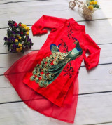 Bán sỉ bộ áo dài bé gái thêu chim Công hoa đào (2-7T)