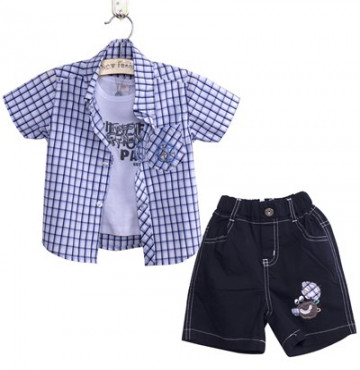 Bán buôn sét áo sơ mi caro xanh quần sooc cho bé