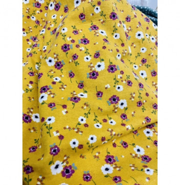 vải thô cào tồn kho bông hoa tím trắng nền vàng mịn ấm