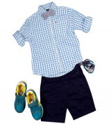 Bán sỉ sét sơ mi quần sooc Tommy caro xanh trắng cho bé