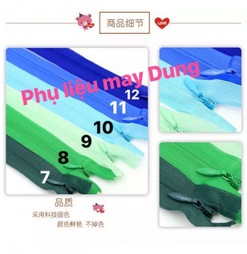 dây kéo giọt lệ tồn kho tông xanh dài 25/40/50/60cm