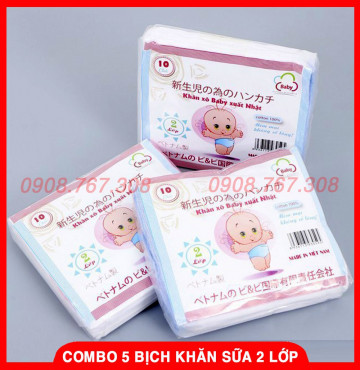 Combo 5 Bịch Khăn Sữa 2 Lớp Siêu Thấm - Khăn Sữa Xô (50 Chiếc)